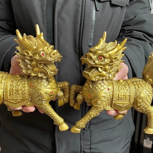 Pair Copper Feng Shui Chi Lin QiLin Dragon statue,Foo-Dogs Lion Temple Guardian pixiu beast blessing fortune wealth unicorn Pi Yao Figurine