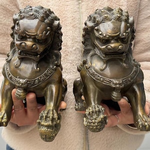 Pair big Fengshui copper Fu Foo Dogs Guardian Lion Statues Animals Tabletop Office ornaments Housewarming Congratulatory unicorn Pixiu DE198