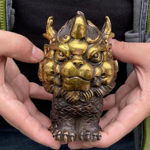 Copper Feng Shui Chi Lin QiLin statue,Foo-Dogs Lion Temple Guardian pixiu beast blessing fortune wealth dragon unicorn Pi Yao Figurine gift. image 1