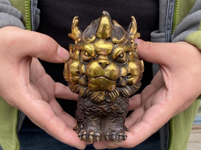 Copper Feng Shui Chi Lin QiLin statue,Foo-Dogs Lion Temple Guardian pixiu beast blessing fortune wealth dragon unicorn Pi Yao Figurine gift. image 1