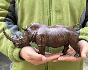 Bronze Rhino toys model figure kids,lucky Animals Rhinoceros figurine Statue,Collectible Home Office Decor Rhino Sculpture Wildlife ornament