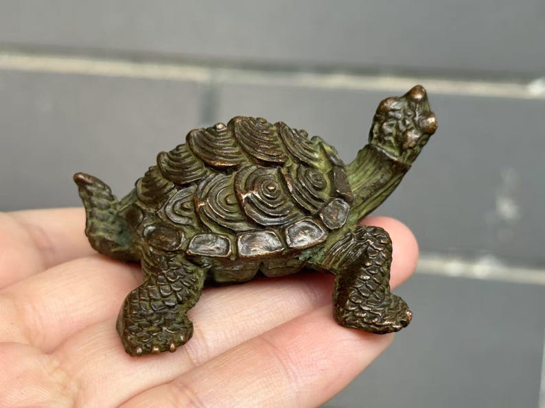 May include: A small, detailed bronze turtle figurine. The turtle has a textured shell with concentric circle patterns and detailed legs and head. The figurine is a dark bronze color with hints of green.