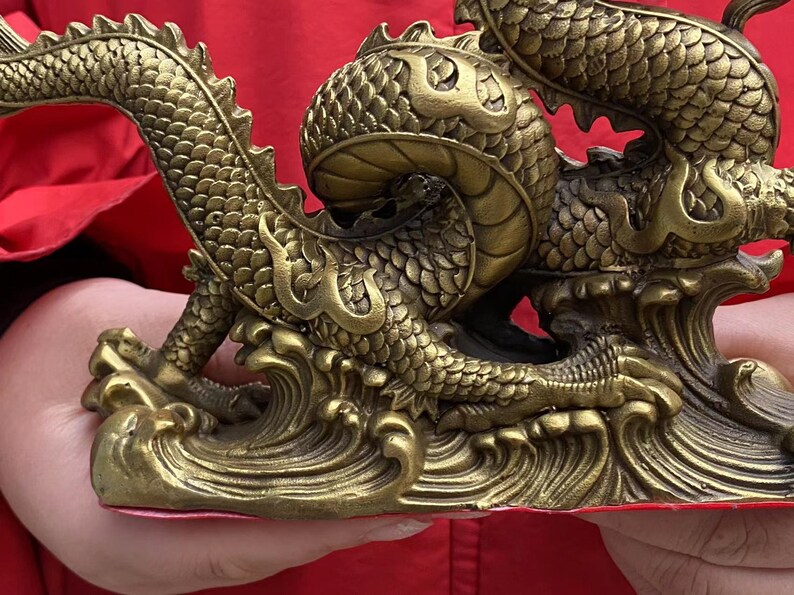 DE0151 2024 Chinese New Year Dragon Statue Brass Copper Dragon animal Figurine Office Desk Feng Shui Decor Royal Golden Loong wealth beast image 9