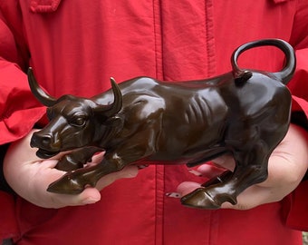 Koperen Wall Street Bull Standbeeld Sculptuur, Messing Koe Os Beeldje Beeldje Modern Home Decor Kantoor Lucky Feng Shui Ornamenten Ambachten rijkdom.