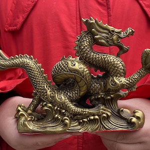 Vintage Retro Dragon Statue Copper Dragon animal Figurine Home Office Desk Feng Shui Decor Royal Golden Loong wealth beast Crafts gift D0151