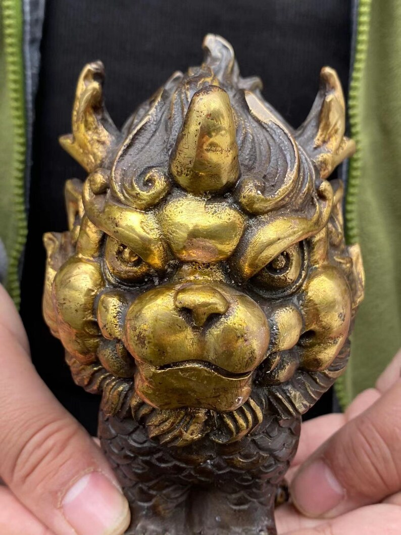 Copper Feng Shui Chi Lin QiLin statue,Foo-Dogs Lion Temple Guardian pixiu beast blessing fortune wealth dragon unicorn Pi Yao Figurine gift. image 2