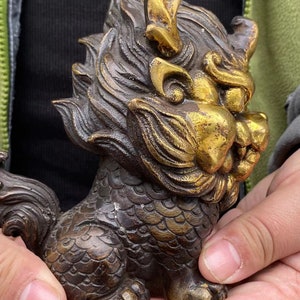 Copper Feng Shui Chi Lin QiLin statue,Foo-Dogs Lion Temple Guardian pixiu beast blessing fortune wealth dragon unicorn Pi Yao Figurine gift. image 10