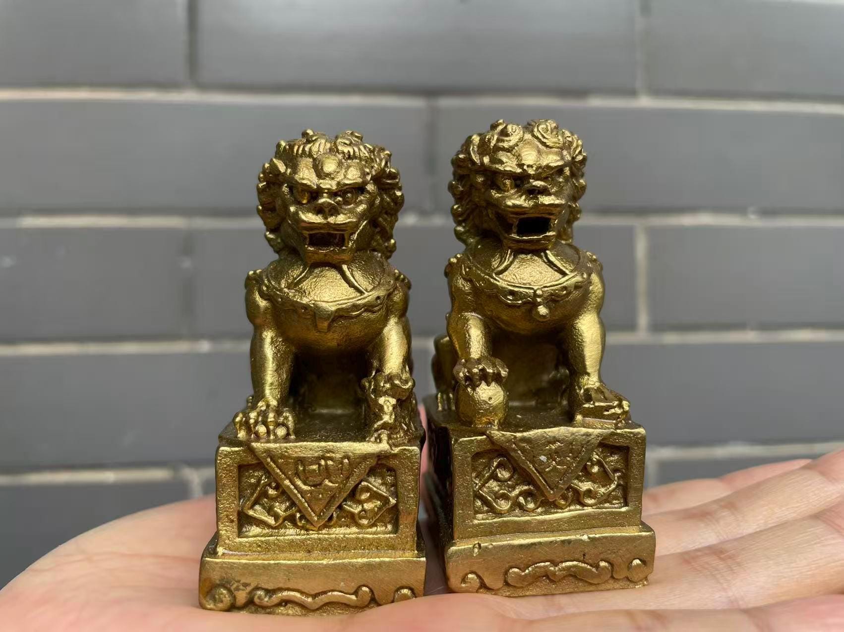 A Pair Mini Brass Evil Fu Foo Dog Lion Statue, Copper Fu Foo Dog