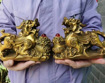 Pair Copper Feng Shui  pixiu Dragon statue,Foo-Dogs Lion Temple Guardian pixiu beast blessing fortune wealth unicorn Pi Yao Figurine  min12