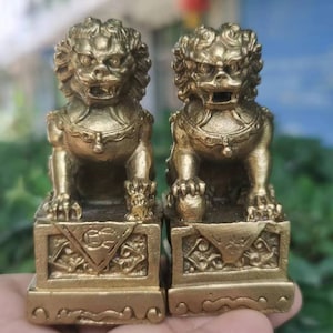 A Pair mini Brass Evil Fu Foo Dog Lion Statue, copper Fu Foo Dog Guardian Lion Temple Guardian Statues, Lucky Feng Shui lion wealth Statues.