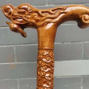 Solid wood Carved walking stick,Wood Cane Stick, Mahogany Handcrafted Stick,Rosewood Crutches,Feng shui Dragon Walking Cane Gift for grandpa
