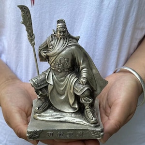 White Copper Chinese Hand carved Exquisite Guan Yu Statue,Hand carving figurine Guan Gong Yu Warrior Statue China Lucky Dragon wealth DE0244
