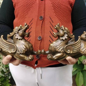 Pair Copper Feng Shui  pixiu Dragon statue,Foo-Dogs Lion Temple Guardian pixiu beast blessing fortune wealth unicorn Pi Yao Figurine  min09