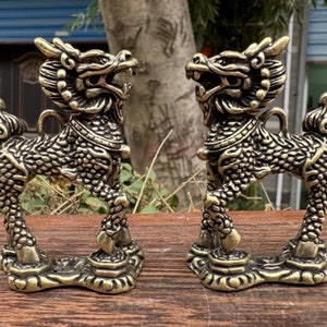 Pair Copper Feng Shui Chi Lin QiLin statue, Foo-Dogs Lion Temple Guardian pixiu beast blessing fortune wealth dragon unicorn Pi Yao #I091221