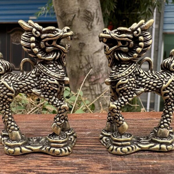 Pair Copper Feng Shui Chi Lin QiLin statue,Foo-Dogs Lion Temple Guardian pixiu beast blessing fortune wealth dragon unicorn Pi Yao Figurine