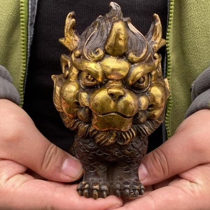 Copper Feng Shui Chi Lin QiLin statue,Foo-Dogs Lion Temple Guardian pixiu beast blessing fortune wealth dragon unicorn Pi Yao Figurine gift. image 4