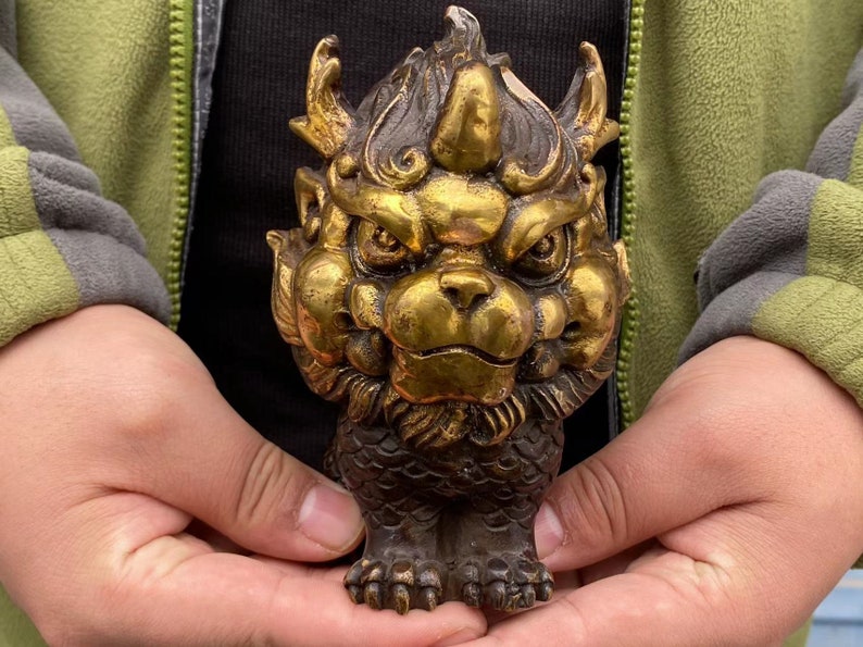 Copper Feng Shui Chi Lin QiLin statue,Foo-Dogs Lion Temple Guardian pixiu beast blessing fortune wealth dragon unicorn Pi Yao Figurine gift. image 4