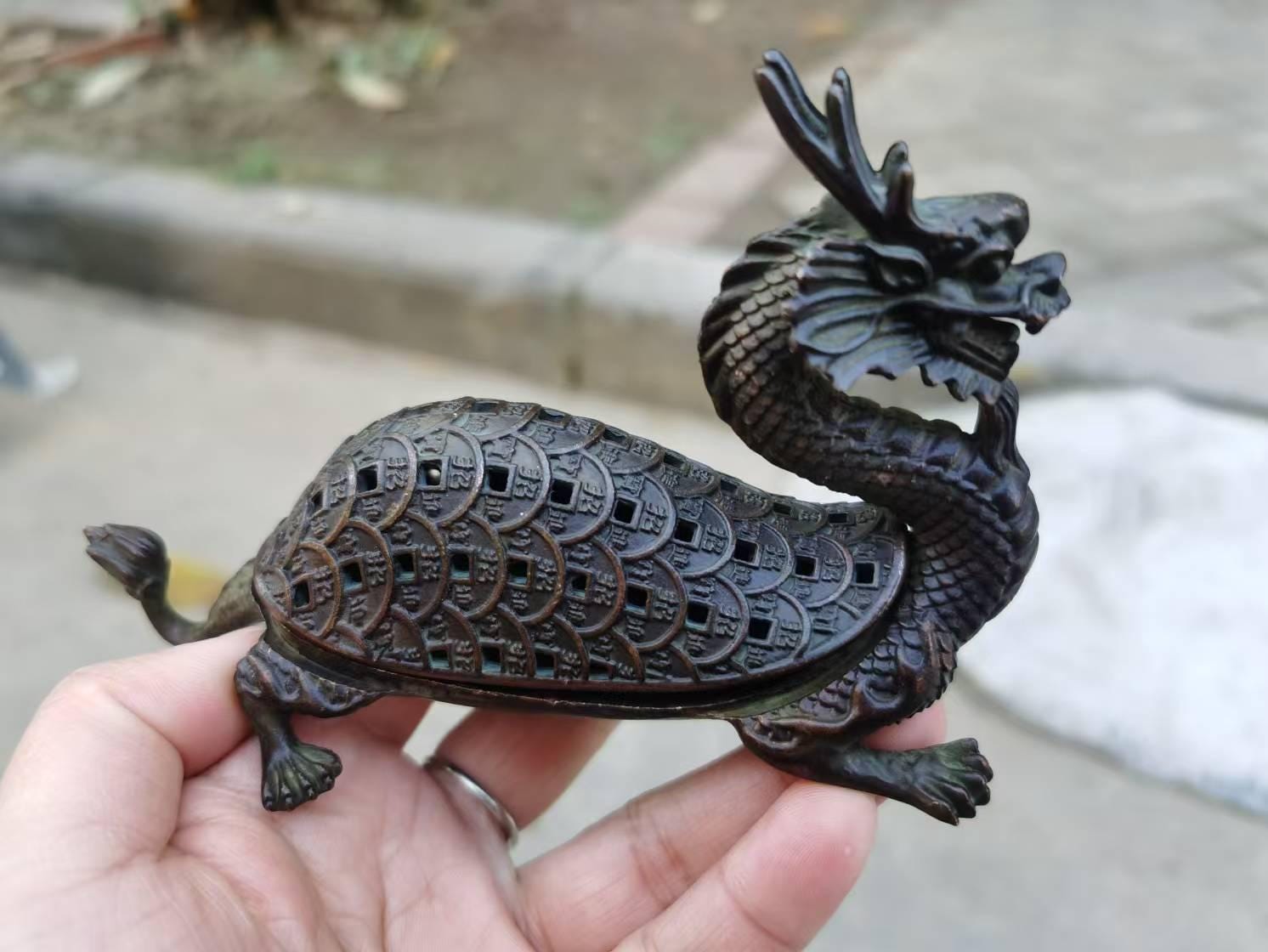 Vintage Copper Dragon Turtle Censer Incense Burner Fengshui Dragon