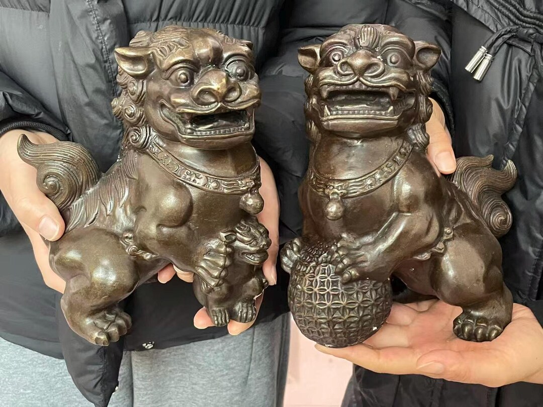 A Pair Copper Lion Statue Feng Shui Decor Kirin Pi Yao, Wealth Lion ...
