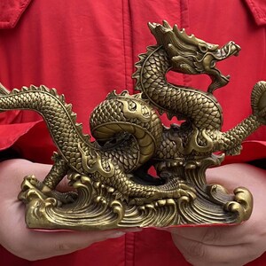 DE0151 2024 Chinese New Year Dragon Statue Brass Copper Dragon animal Figurine Office Desk Feng Shui Decor Royal Golden Loong wealth beast image 3