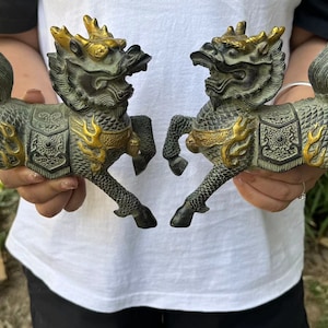 Pair Wealth Pixiu Statue Feng Shui Decor Kirin Pi Yao, Copper kylin , Bronze unicorn Figurine, Foo-Dogs Lion Temple Guardian  Decor DE0336