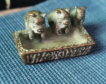 Vintage Copper lovely mini pigs statue,luck anmimal sculpture,small pig bowl Zodiac pig Mini miniature Collection decor Ornaments kids gift.