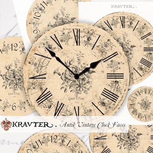 May include: Five vintage clock faces with black Roman numerals and floral designs. The clock faces are on a cream background with black text that reads "Good Time".