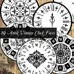 May include: Nine black and white vintage clock faces with Roman numeral markings and intricate floral designs. The clock faces are on a woodgrain background.