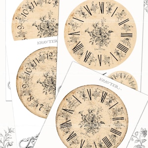 May include: Four printable clock faces with black Roman numeral markings and floral designs on a beige background. The text "Good Time" appears on two of the clocks.