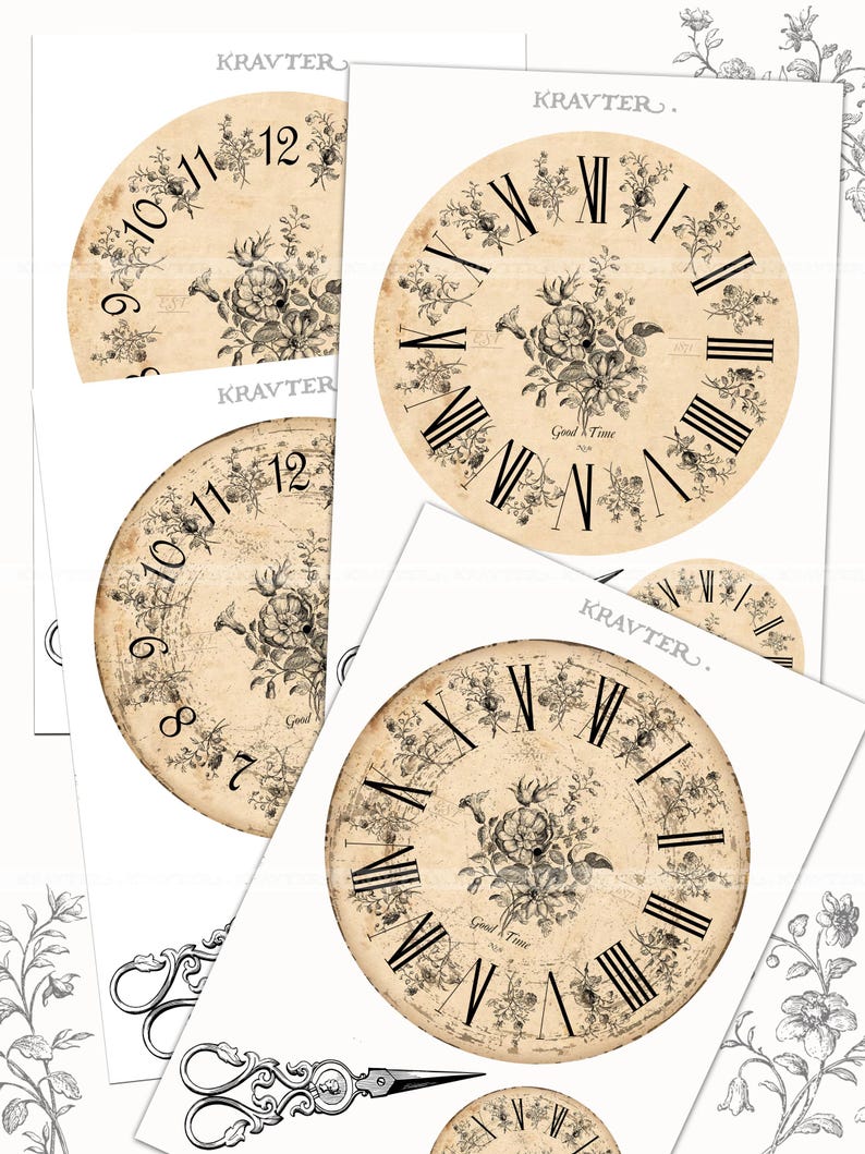 May include: Four printable clock faces with black Roman numeral markings and floral designs on a beige background. The text "Good Time" appears on two of the clocks.