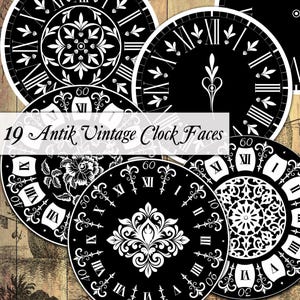 May include: Nineteen black and white vintage clock faces with Roman numeral markings and intricate designs. The clock faces are on a woodgrain background.