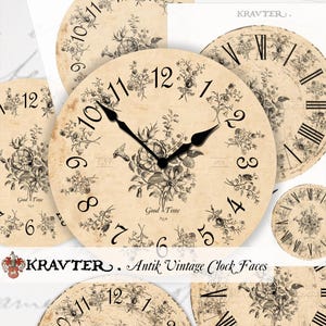 Puede incluir: Cinco caras de reloj vintage con diseños florales negros y marcas de números romanos. Las caras de los relojes están impresas sobre un fondo crema con el texto "Good Time" y "KRAVTER. Antik Vintage Clock Faces".