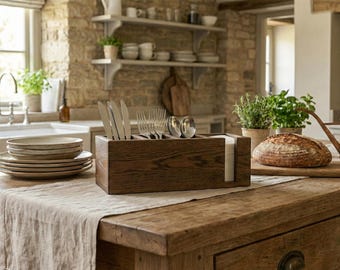 Soporte de madera para cubiertos con servilleteros, organizador de utensilios de madera