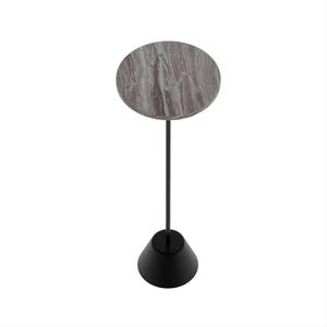 "Modern minimalist drink table with white banswara marble top and black metal pedestal base."