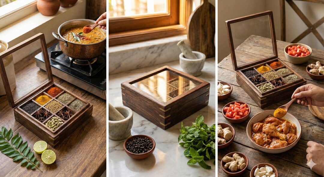 Handmade Wooden Spice Box With Glass Lid – Compartment Indian Masala ...