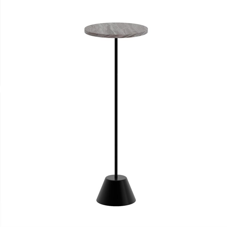 "Modern minimalist drink table with white banswara marble top and black metal pedestal base."