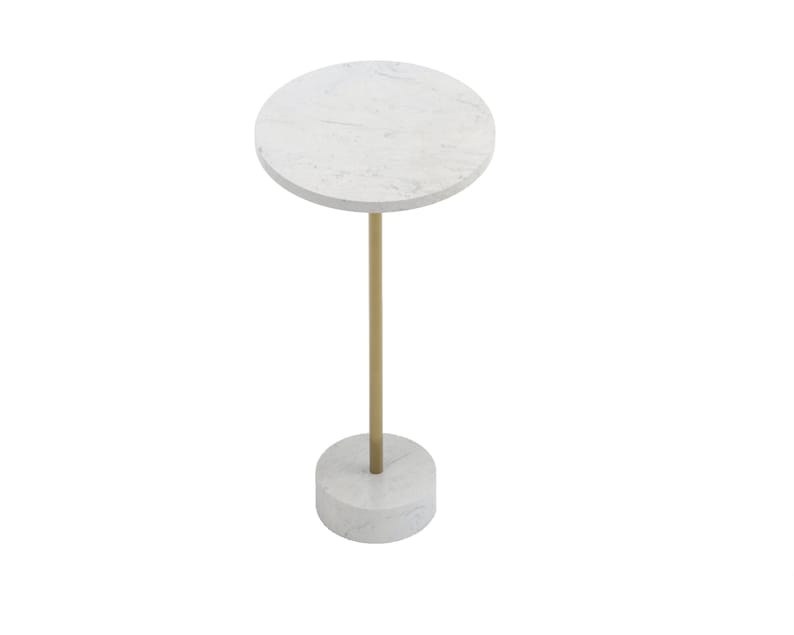 May include: A round marble table with a gold metal base. The table is white with gray veining and the base is a cylinder shape.