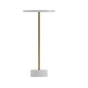 A round marble table with a gold metal base. The table is white with gray veining and the base is a cylinder shape.