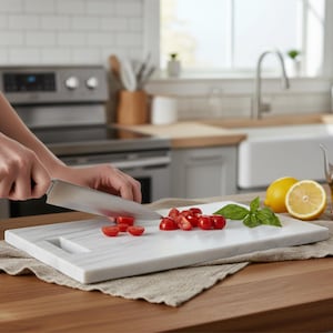 Puede incluir: Una tabla de cortar de mármol blanco con forma rectangular y un asa se utiliza para cortar tomates cherry rojos. Se utiliza un cuchillo de acero inoxidable. Otros ingredientes incluyen un limón, albahaca y aceite de oliva.