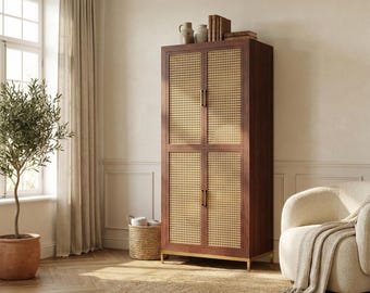 Solid Wood Wardrobe Armoire | Rattan Furniture, Mid Century 4 Door Closet.
