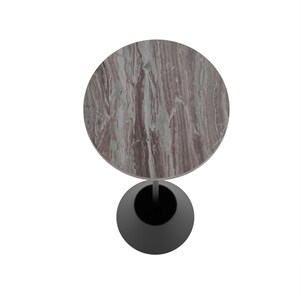 "Modern minimalist drink table with white banswara marble top and black metal pedestal base."