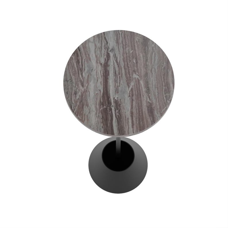 "Modern minimalist drink table with white banswara marble top and black metal pedestal base."