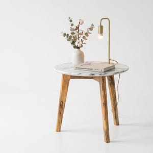 Marble Top Wood Side Table – Scandinavian Minimalist End Table – Solid Legs