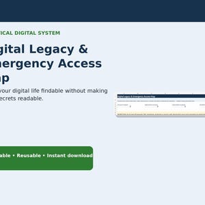 Pode incluir: Um documento digital intitulado Practical Digital System Digital Legacy & Emergency Access Map com o texto Make your digital life findable without making your secrets readable e um botão verde com o rótulo Editable • Reusable • Instant download.