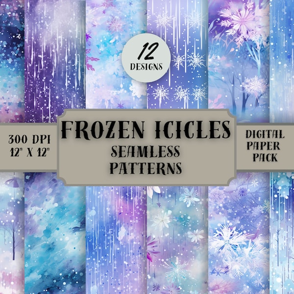 Frozen Icicles Seamless Patterns, Frozen digital paper, Frozen textures with snowflakes and winter snowy background.