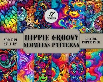 Hippie Digital Paper Patterns, Groovy Retro, Flower power seamless patterns, Commercial use