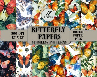 Watercolor Butterfly Papers in Seamless Patterns, Scrapbook Invitation papers, Digital Printables, Spring moths, Butterfly illustrations