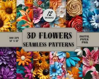 3D Flower Digital Papers of Daisies, Sunflowers, Lilies & Roses. Scrapbooking and Decoupage Papers