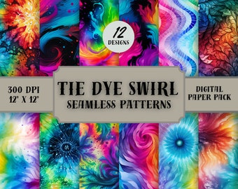 Tie Dye Patterns, Unique Tie Dyes Spiral, Swirl, Neon, Abstract, Psychedelic Styles, Seamless Patterns, Scrapbooking backgrounds.