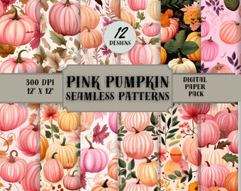 Pink Pumpkins Seamless Patterns, Autumn Halloween Background, Scrapbooking, Decoupage Papers,